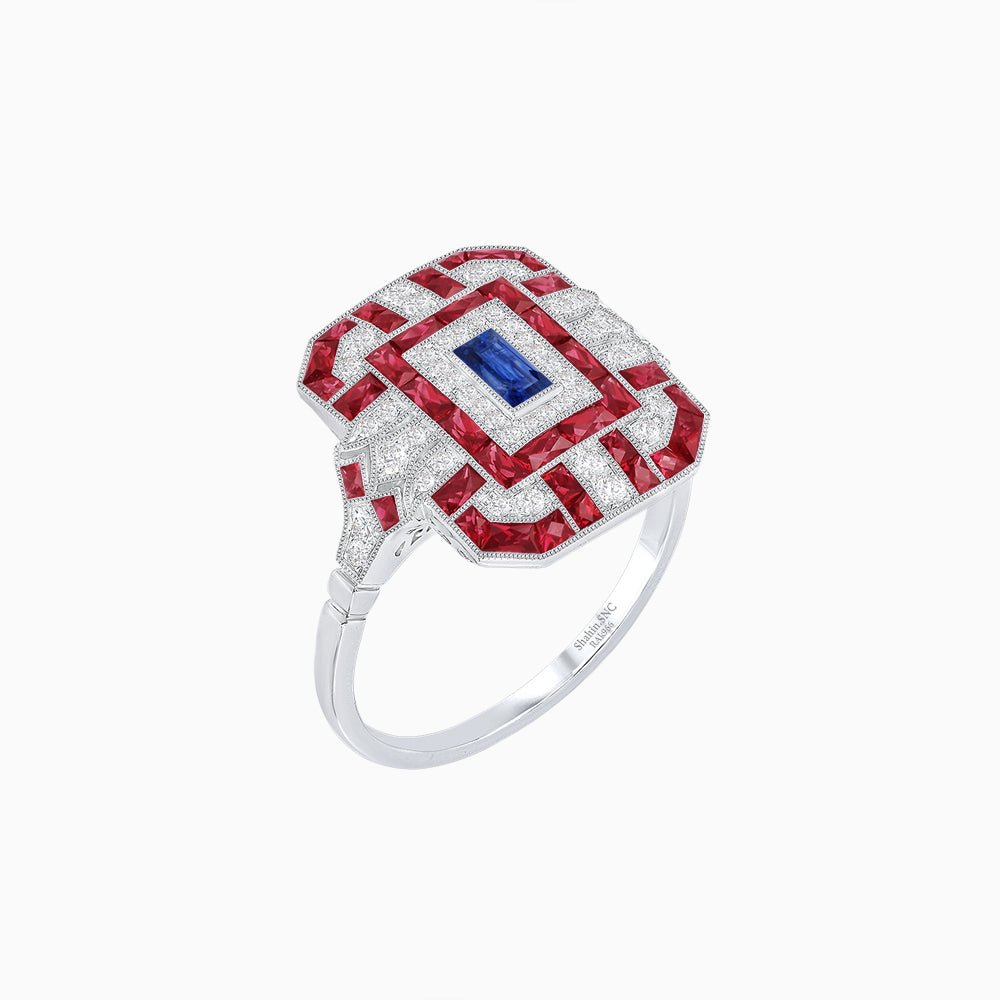 Art Deco Inspired Emerald Cut Ring with Diamonds and Gemstones - Shahin Jewelry