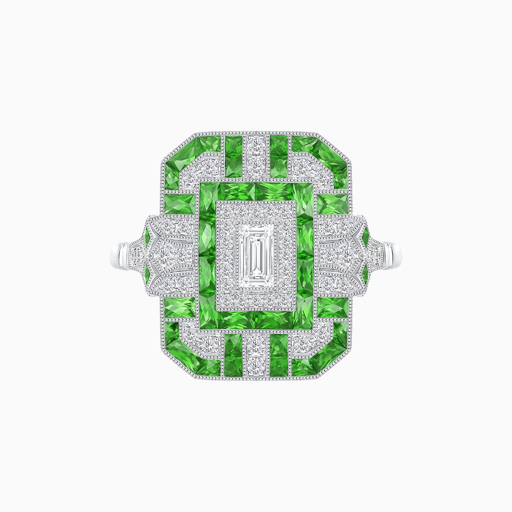 Art Deco Inspired Emerald Cut Ring with Diamonds and Gemstones - Shahin Jewelry