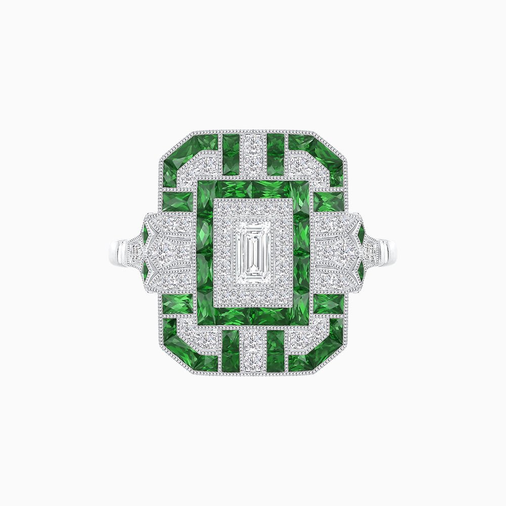 Art Deco Inspired Emerald Cut Ring with Diamonds and Gemstones - Shahin Jewelry