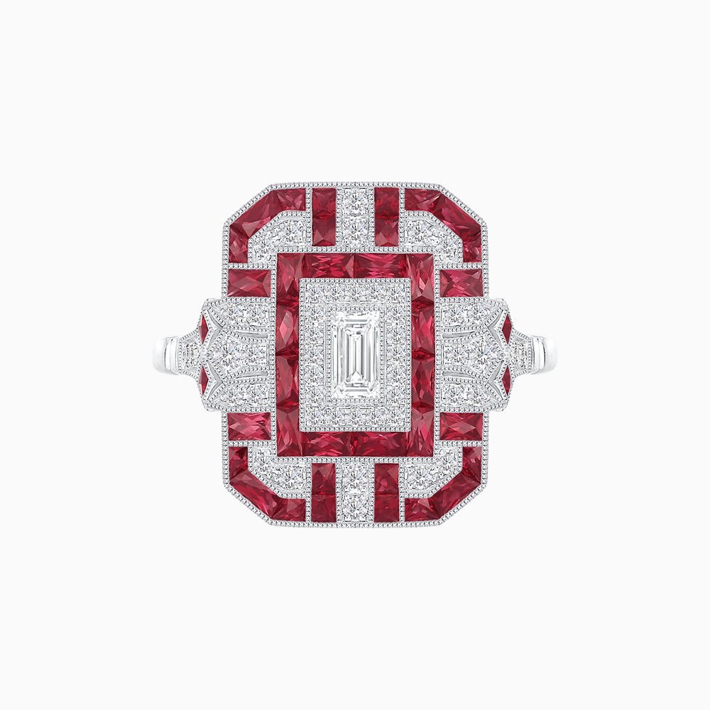 Art Deco Inspired Emerald Cut Ring with Diamonds and Gemstones - Shahin Jewelry