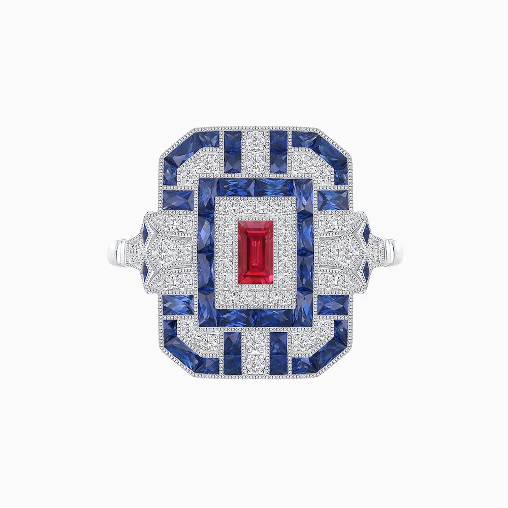 Art Deco Inspired Emerald Cut Ring with Diamonds and Gemstones - Shahin Jewelry