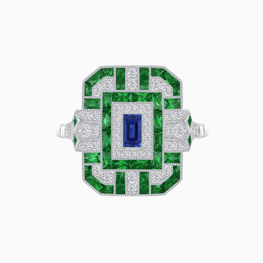 Art Deco Inspired Emerald Cut Ring with Diamonds and Gemstones - Shahin Jewelry