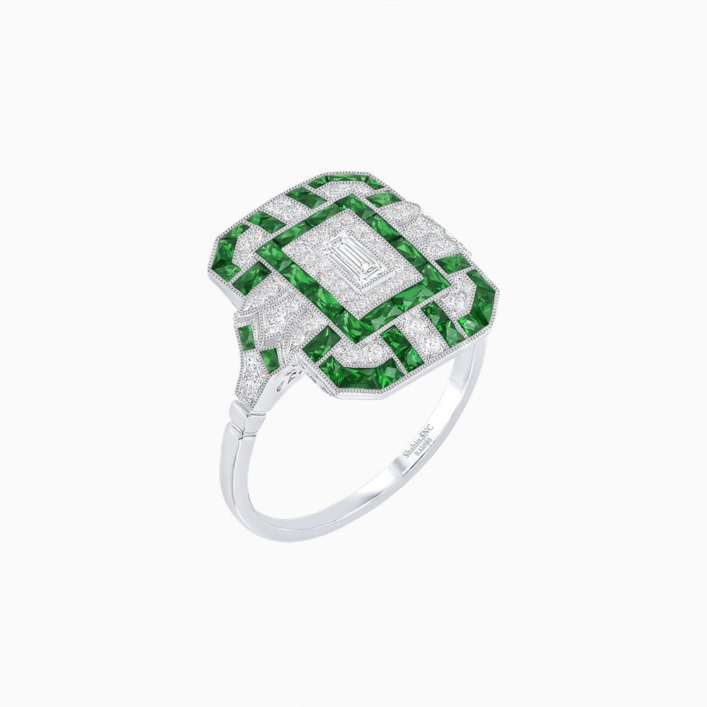 Art Deco Inspired Emerald Cut Ring with Diamonds and Gemstones - Shahin Jewelry