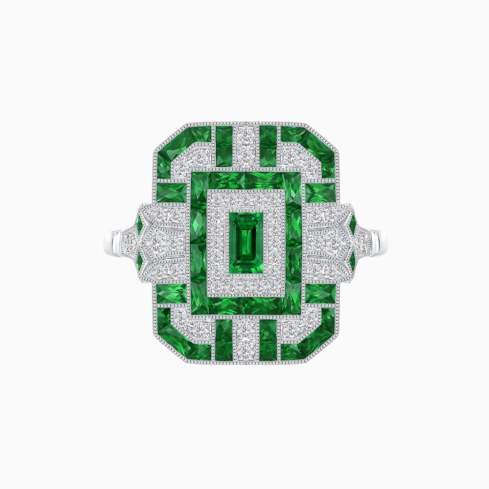 Art Deco Inspired Emerald Cut Ring with Diamonds and Gemstones - Shahin Jewelry