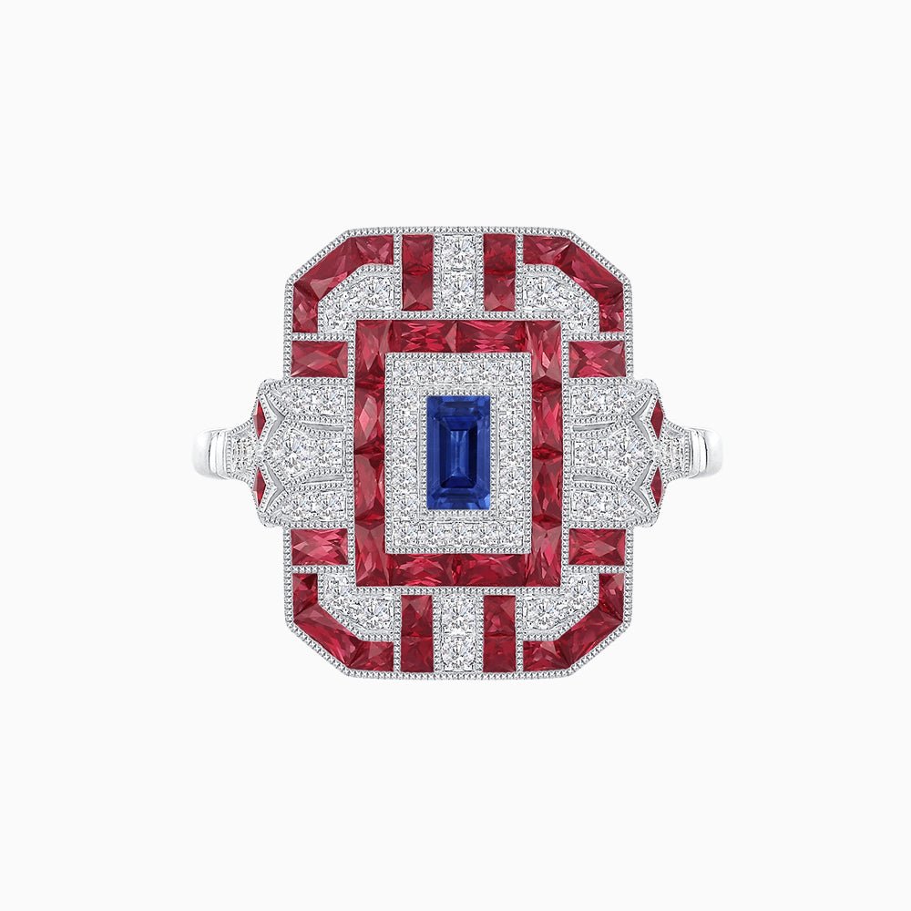 Art Deco Inspired Emerald Cut Ring with Diamonds and Gemstones - Shahin Jewelry