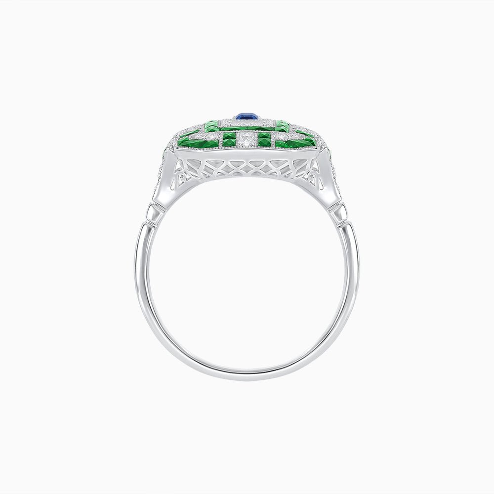 Art Deco Inspired Emerald Cut Ring with Diamonds and Gemstones - Shahin Jewelry