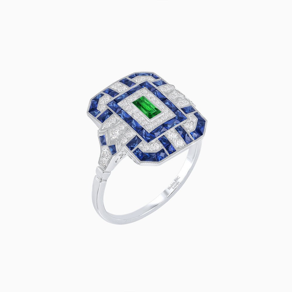 Art Deco Inspired Emerald Cut Ring with Diamonds and Gemstones - Shahin Jewelry
