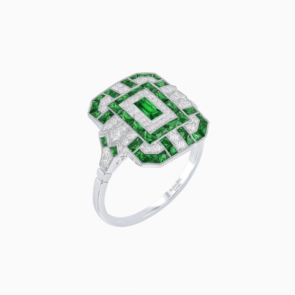 Art Deco Inspired Emerald Cut Ring with Diamonds and Gemstones - Shahin Jewelry