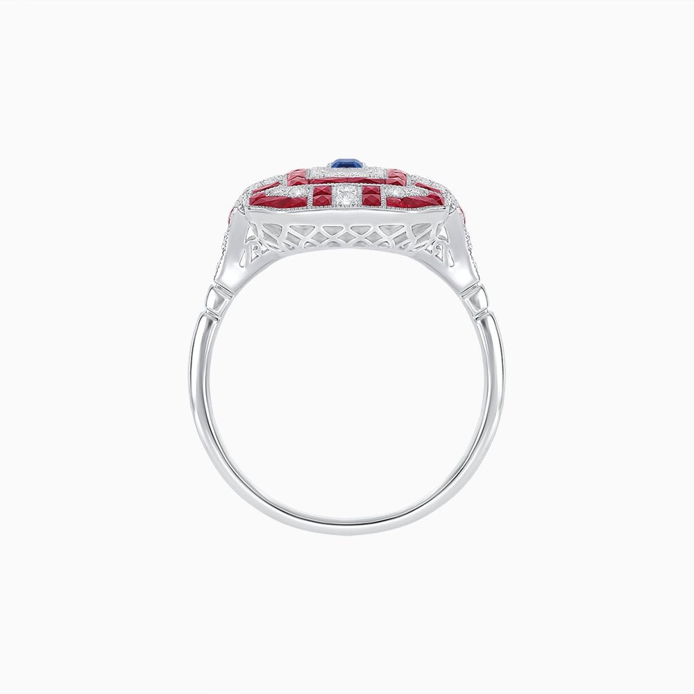 Art Deco Inspired Emerald Cut Ring with Diamonds and Gemstones - Shahin Jewelry