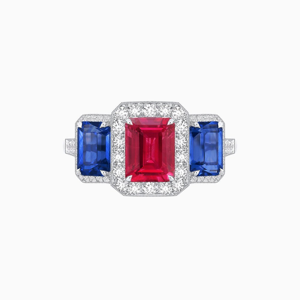 Art Deco Inspired Emerald Cut Three-Stone Diamond Halo Ring - Shahin Jewelry
