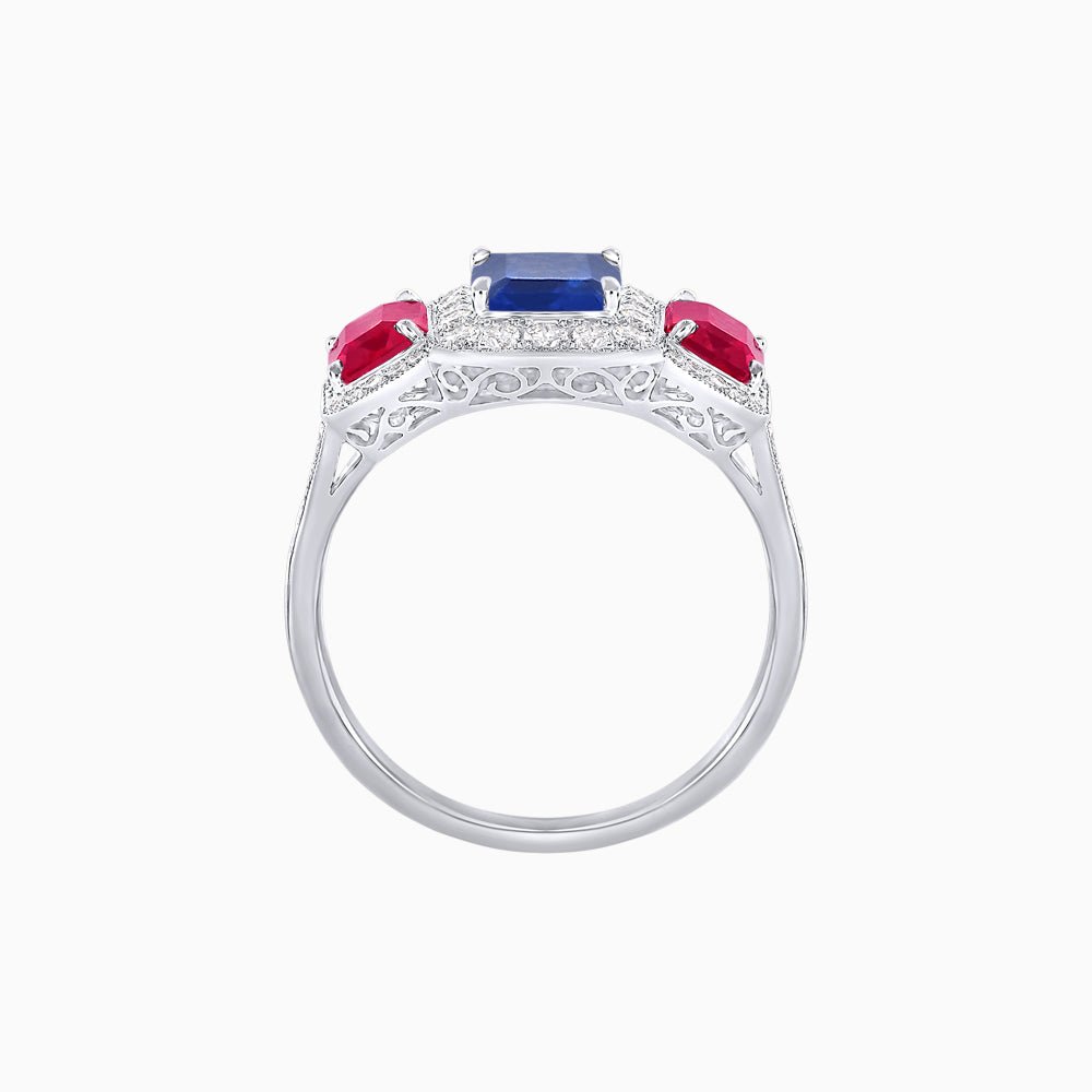 Art Deco Inspired Emerald Cut Three-Stone Diamond Halo Ring - Shahin Jewelry