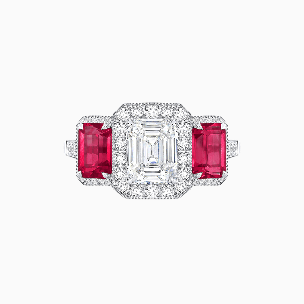 Art Deco Inspired Emerald Cut Three-Stone Diamond Halo Ring - Shahin Jewelry