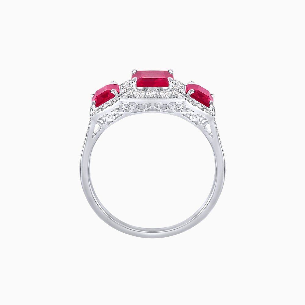 Art Deco Inspired Emerald Cut Three-Stone Diamond Halo Ring - Shahin Jewelry
