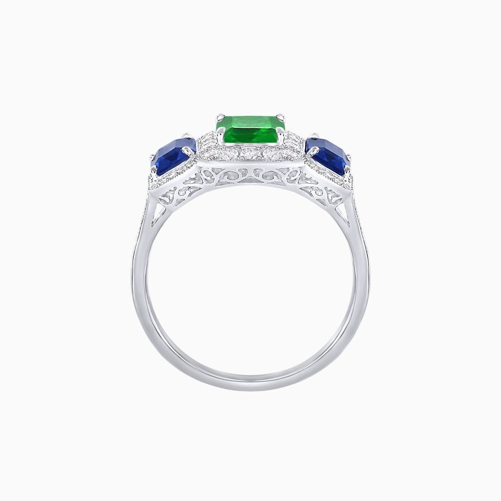 Art Deco Inspired Emerald Cut Three-Stone Diamond Halo Ring - Shahin Jewelry