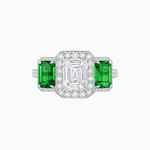 Load image into Gallery viewer, Art Deco Inspired Emerald Cut Three-Stone Diamond Halo Ring - Shahin Jewelry