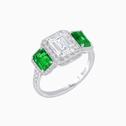 Art Deco Inspired Emerald Cut Three-Stone Diamond Halo Ring - Shahin Jewelry