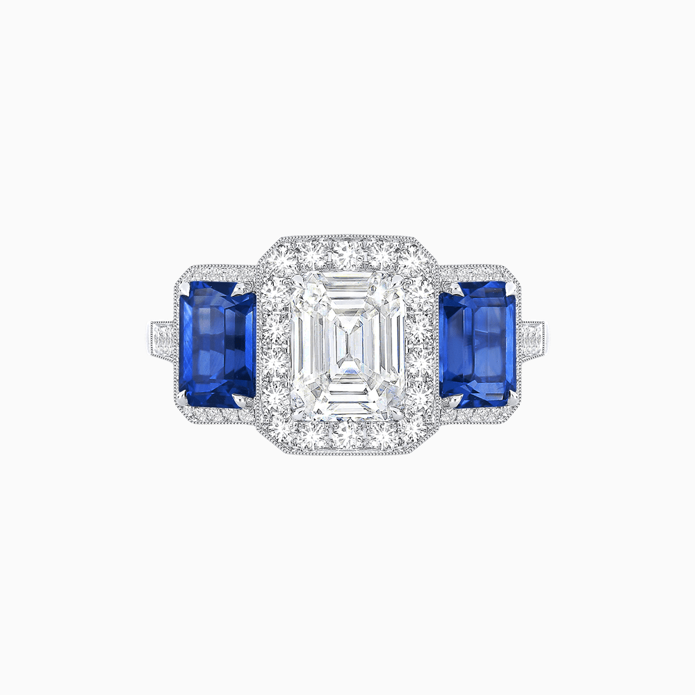 Art Deco Inspired Emerald Cut Three-Stone Diamond Halo Ring - Shahin Jewelry
