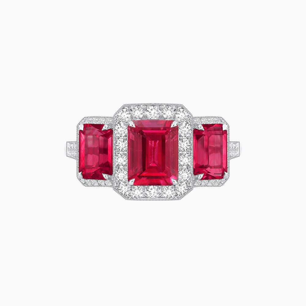 Art Deco Inspired Emerald Cut Three-Stone Diamond Halo Ring - Shahin Jewelry