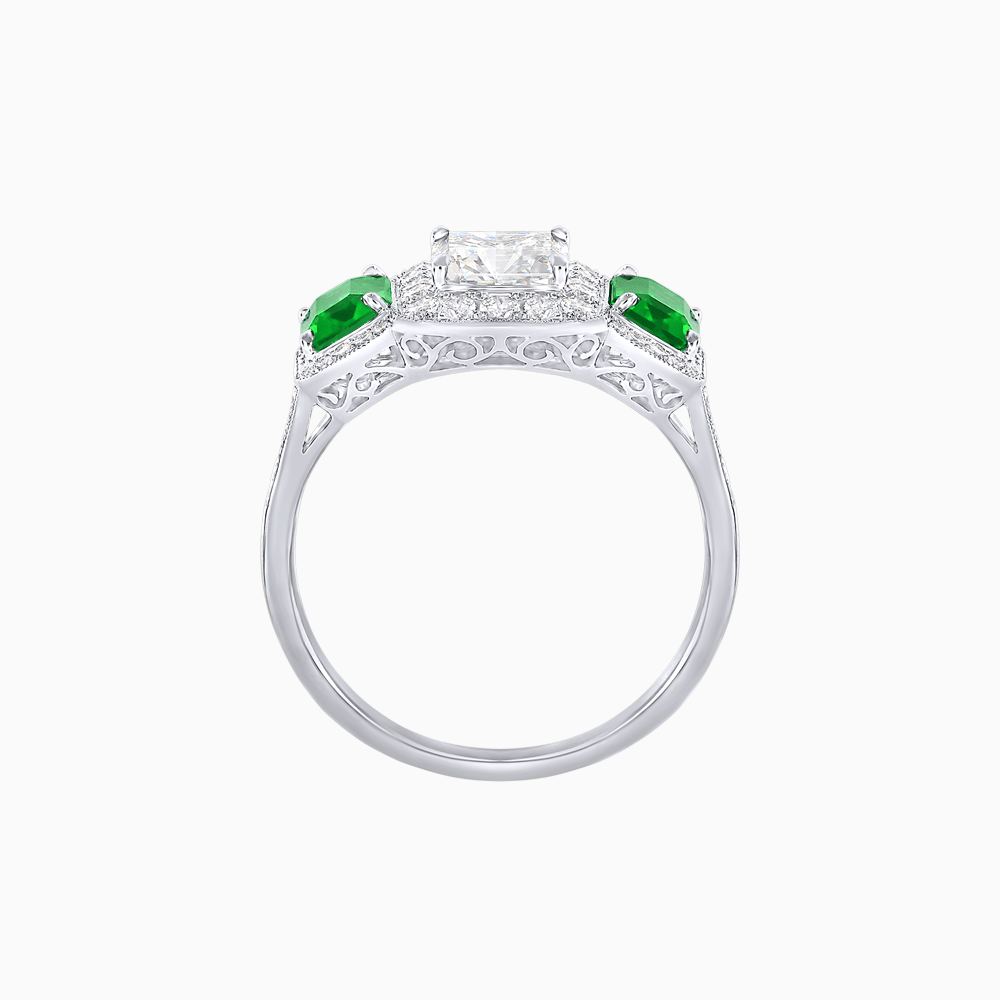 Art Deco Inspired Emerald Cut Three-Stone Diamond Halo Ring - Shahin Jewelry
