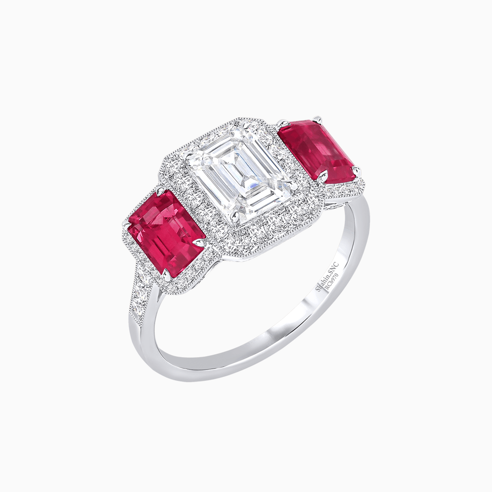 Art Deco Inspired Emerald Cut Three-Stone Diamond Halo Ring - Shahin Jewelry