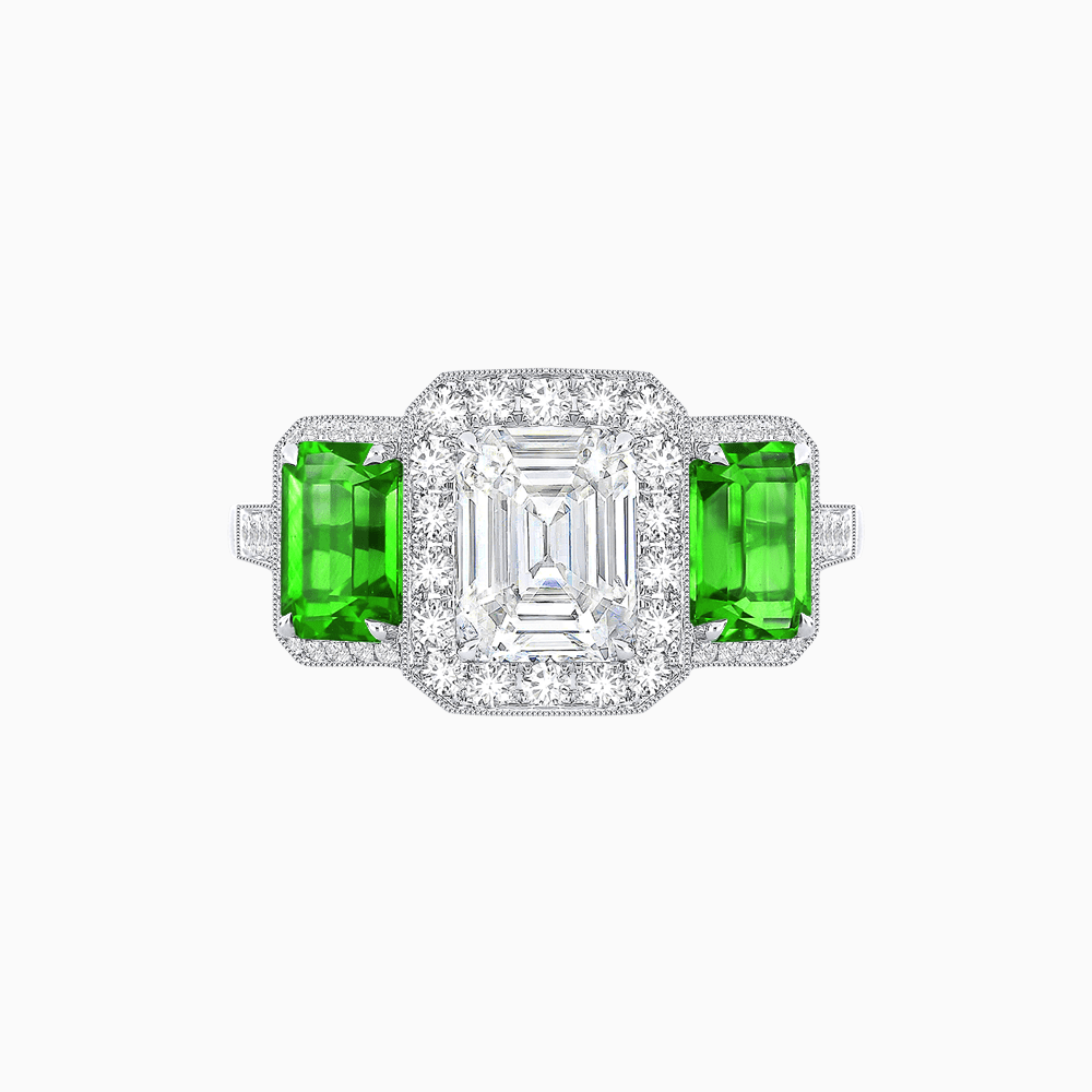 Art Deco Inspired Emerald Cut Three-Stone Diamond Halo Ring - Shahin Jewelry