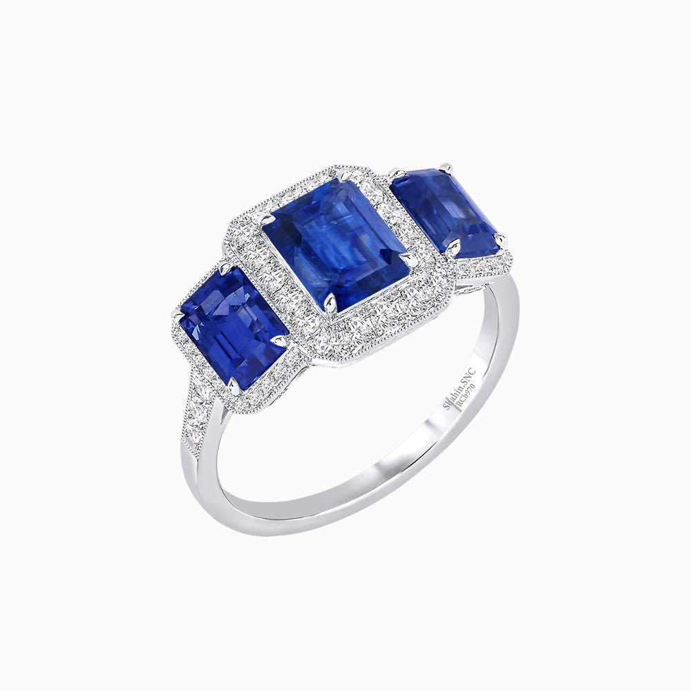 Art Deco Inspired Emerald Cut Three-Stone Diamond Halo Ring - Shahin Jewelry