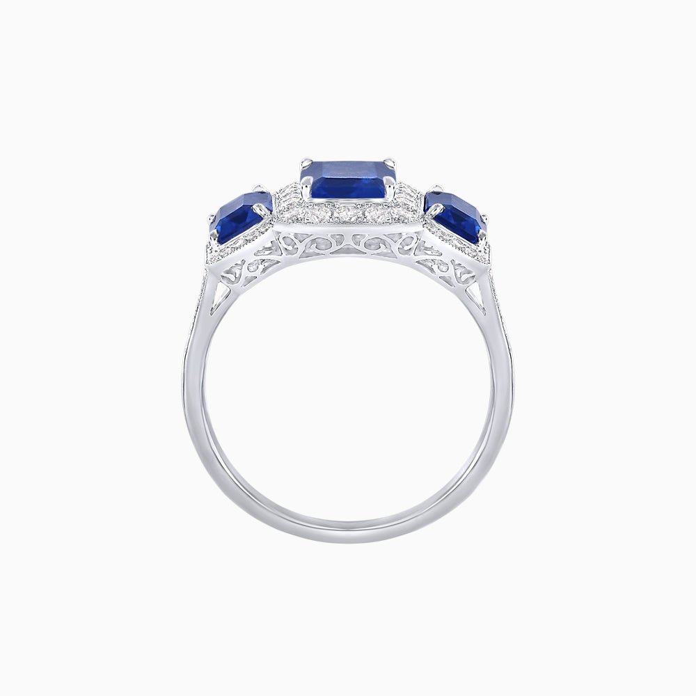 Art Deco Inspired Emerald Cut Three-Stone Diamond Halo Ring - Shahin Jewelry