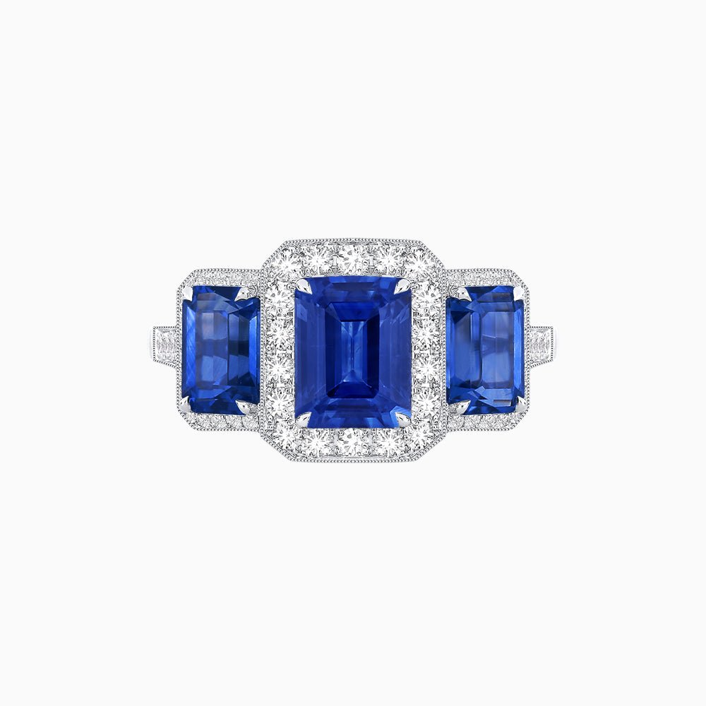 Art Deco Inspired Emerald Cut Three-Stone Diamond Halo Ring - Shahin Jewelry