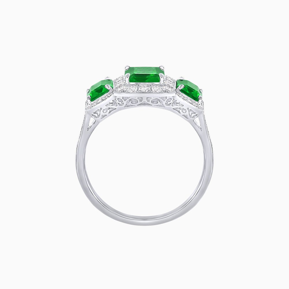 Art Deco Inspired Emerald Cut Three-Stone Diamond Halo Ring - Shahin Jewelry