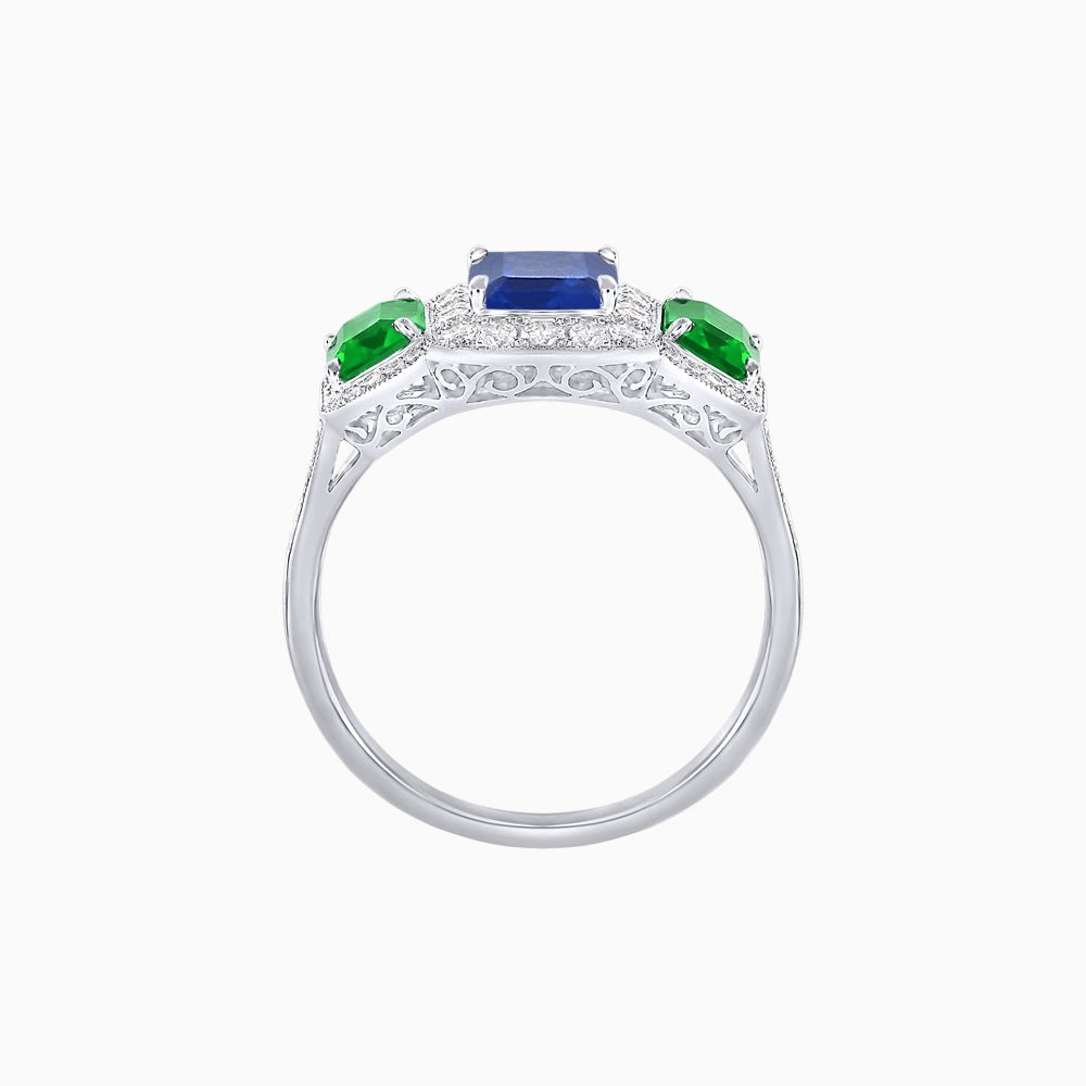 Art Deco Inspired Emerald Cut Three-Stone Diamond Halo Ring - Shahin Jewelry