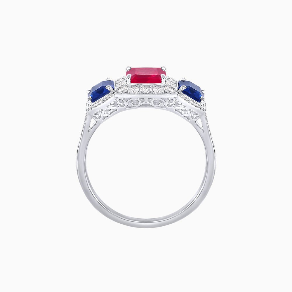 Art Deco Inspired Emerald Cut Three-Stone Diamond Halo Ring - Shahin Jewelry