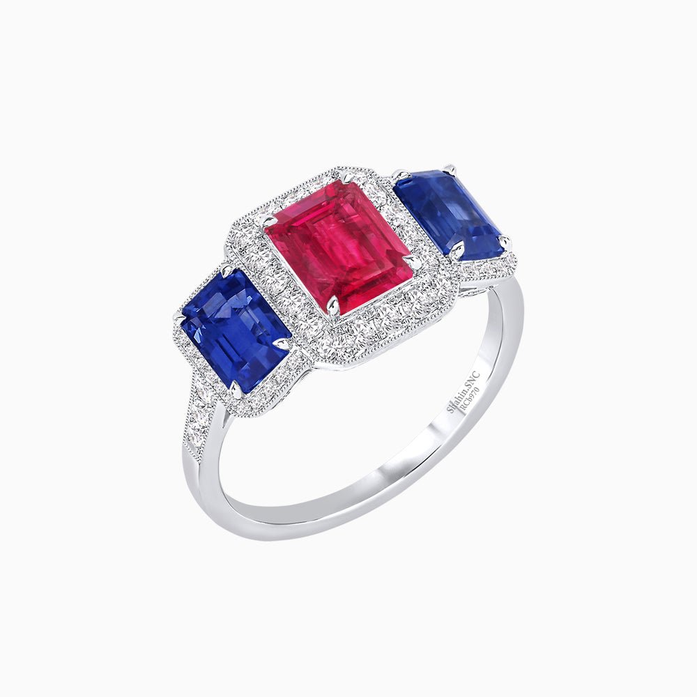 Art Deco Inspired Emerald Cut Three-Stone Diamond Halo Ring - Shahin Jewelry