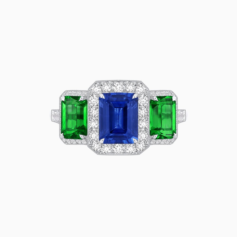 Art Deco Inspired Emerald Cut Three-Stone Diamond Halo Ring - Shahin Jewelry