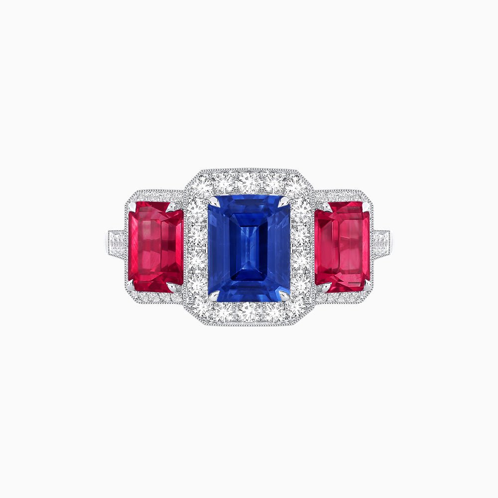 Art Deco Inspired Emerald Cut Three-Stone Diamond Halo Ring - Shahin Jewelry