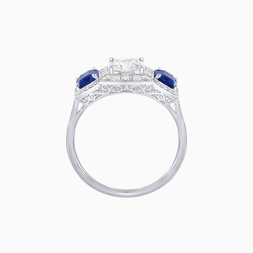 Art Deco Inspired Emerald Cut Three-Stone Diamond Halo Ring - Shahin Jewelry