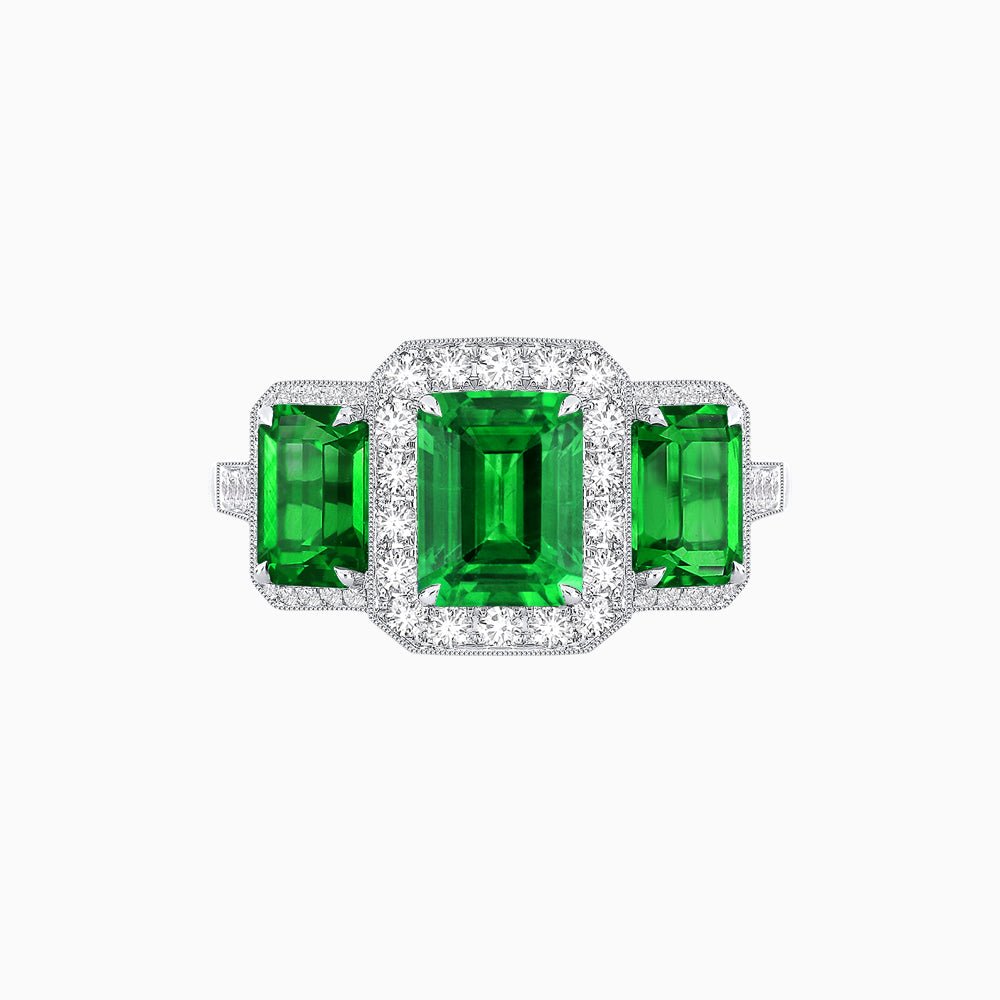 Art Deco Inspired Emerald Cut Three-Stone Diamond Halo Ring - Shahin Jewelry