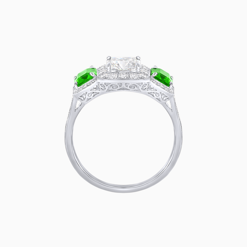 Art Deco Inspired Emerald Cut Three-Stone Diamond Halo Ring - Shahin Jewelry