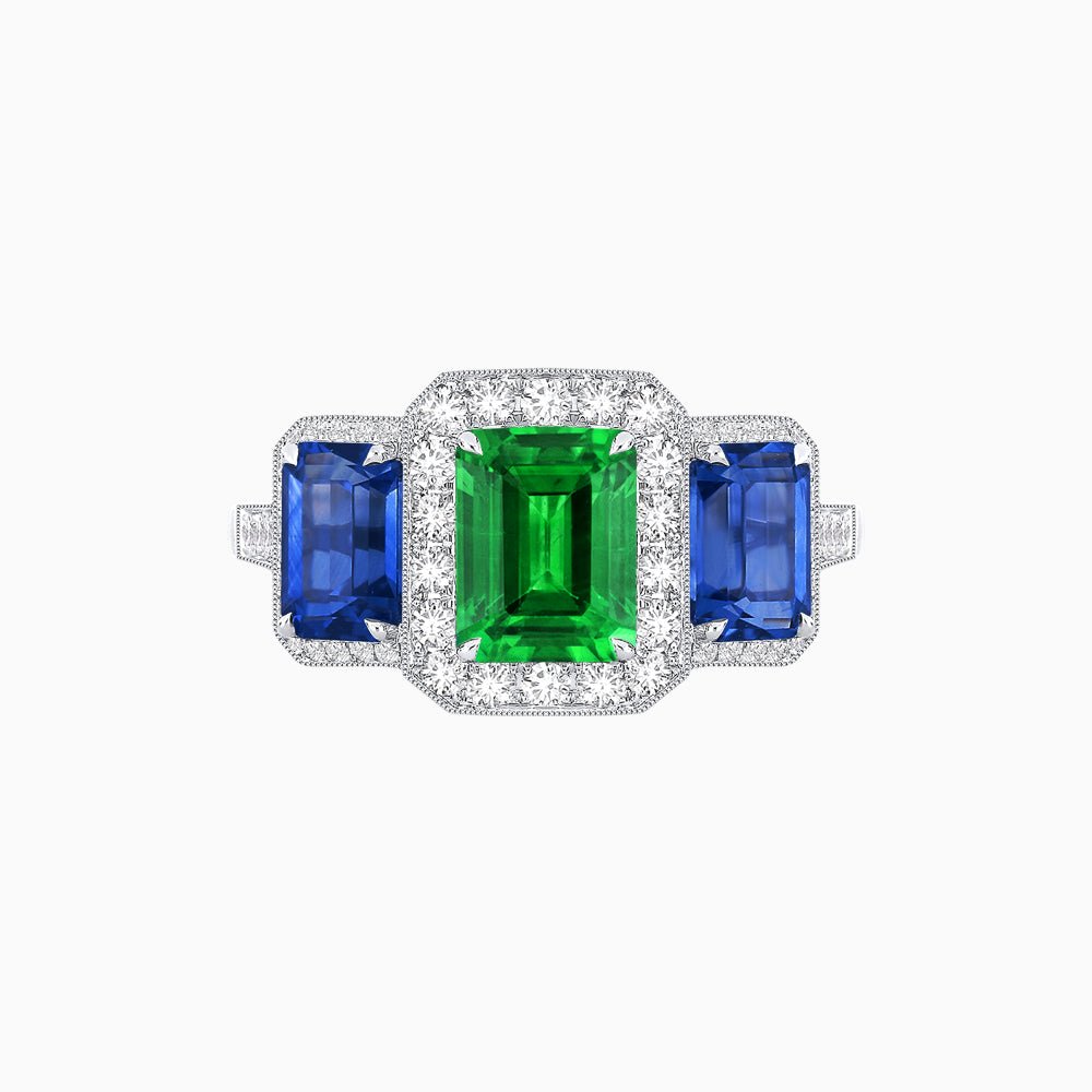 Art Deco Inspired Emerald Cut Three-Stone Diamond Halo Ring - Shahin Jewelry