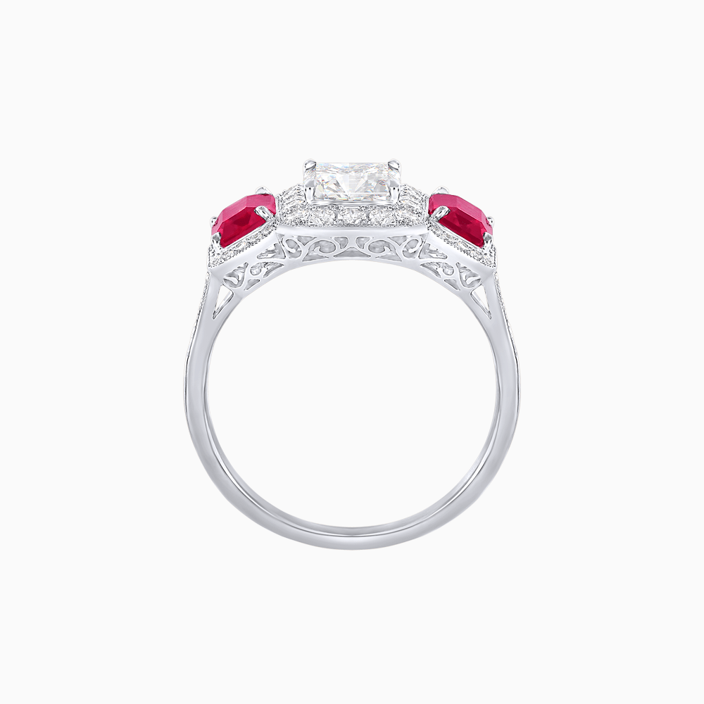 Art Deco Inspired Emerald Cut Three-Stone Diamond Halo Ring - Shahin Jewelry