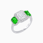 Load image into Gallery viewer, Art Deco Inspired Emerald Cut Three-Stone Diamond Halo Ring - Shahin Jewelry