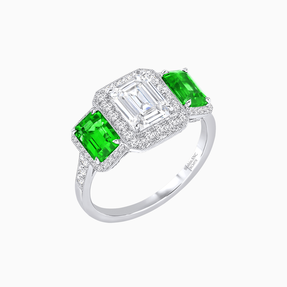 Art Deco Inspired Emerald Cut Three-Stone Diamond Halo Ring - Shahin Jewelry