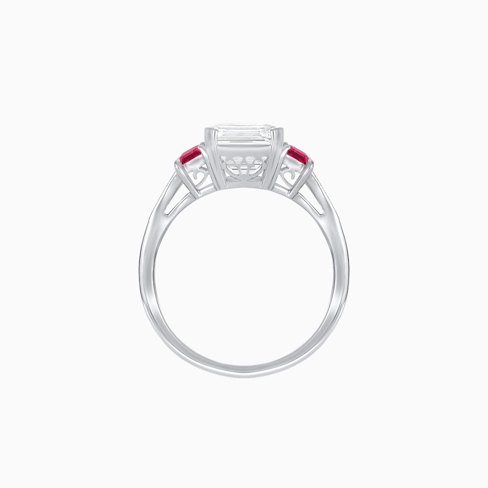 Art Deco Inspired Emerald Cut Three-Stone Ring with Tapered Baguettes - Shahin Jewelry