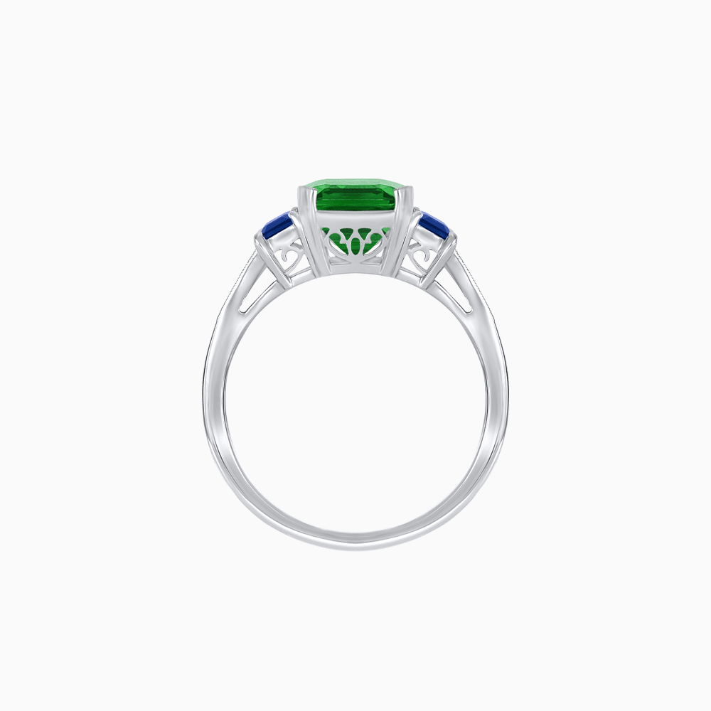 Art Deco Inspired Emerald Cut Three-Stone Ring with Tapered Baguettes - Shahin Jewelry