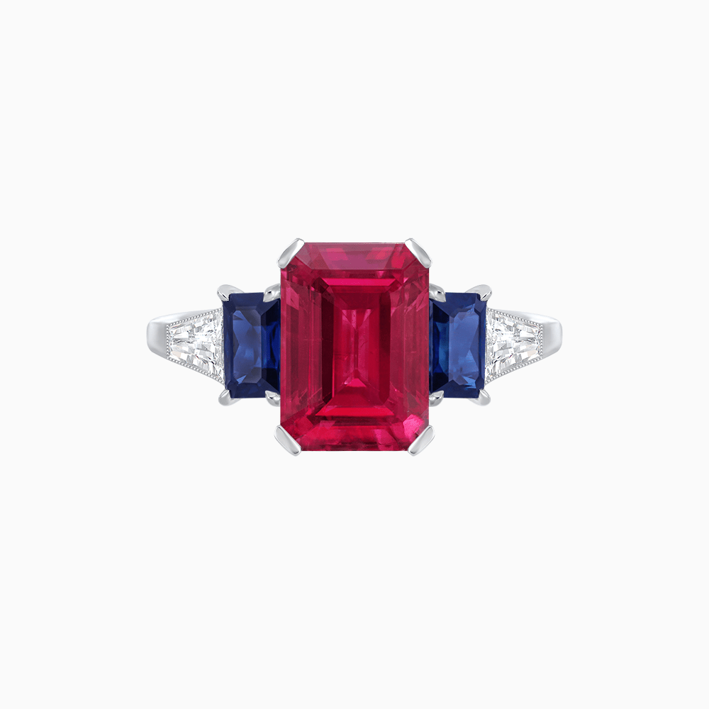 Art Deco Inspired Emerald Cut Three-Stone Ring with Tapered Baguettes - Shahin Jewelry