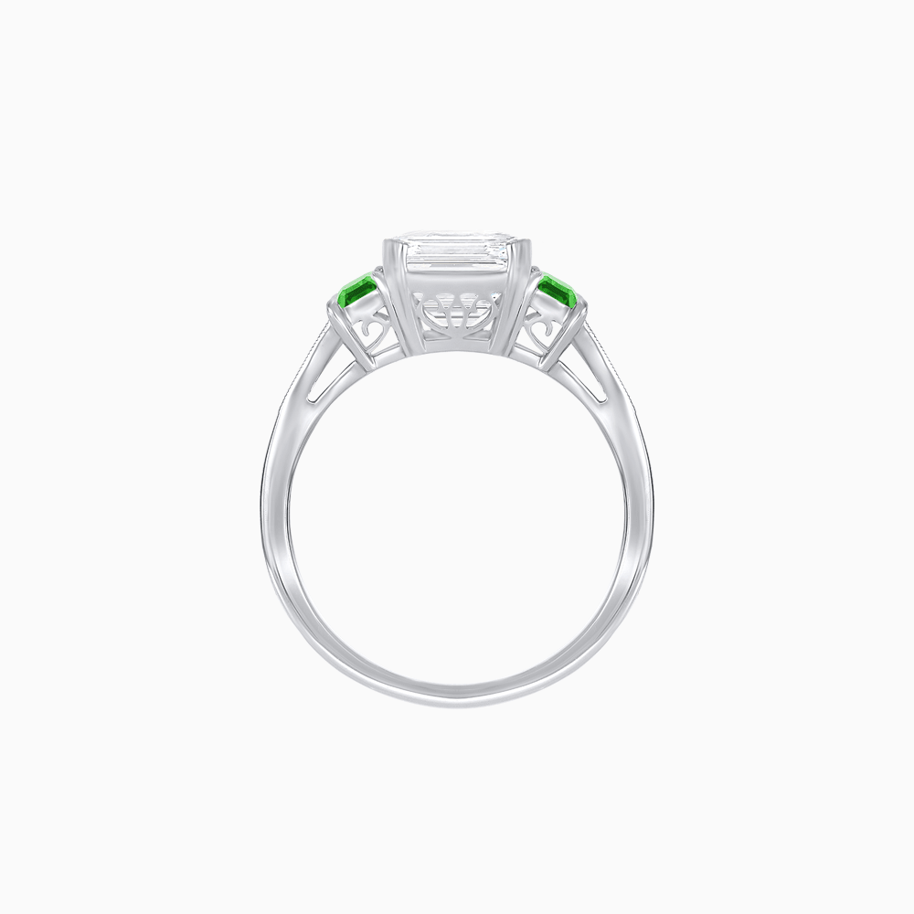 Art Deco Inspired Emerald Cut Three-Stone Ring with Tapered Baguettes - Shahin Jewelry