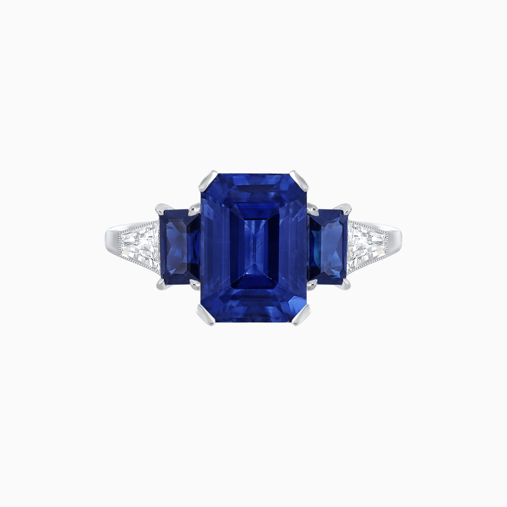 Art Deco Inspired Emerald Cut Three-Stone Ring with Tapered Baguettes - Shahin Jewelry