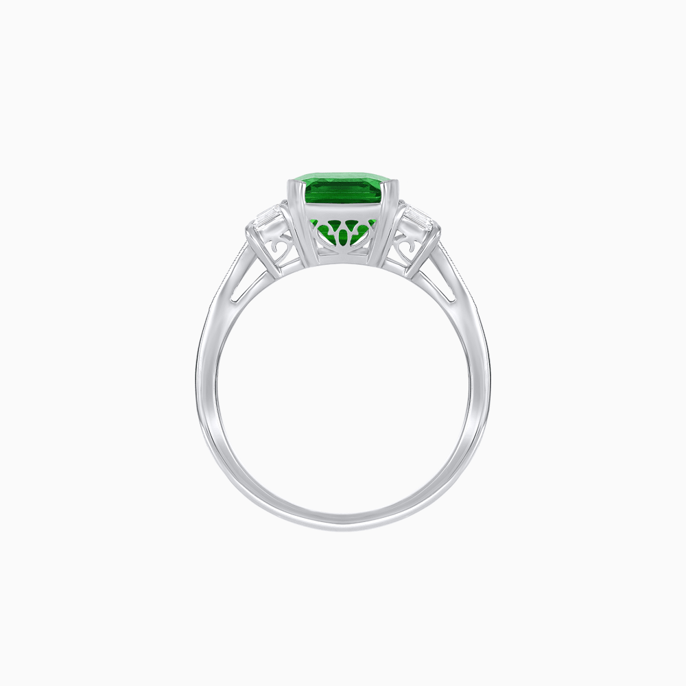 Art Deco Inspired Emerald Cut Three-Stone Ring with Tapered Baguettes - Shahin Jewelry