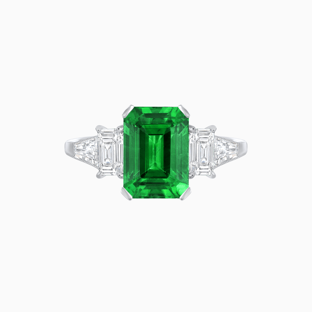 Art Deco Inspired Emerald Cut Three-Stone Ring with Tapered Baguettes - Shahin Jewelry