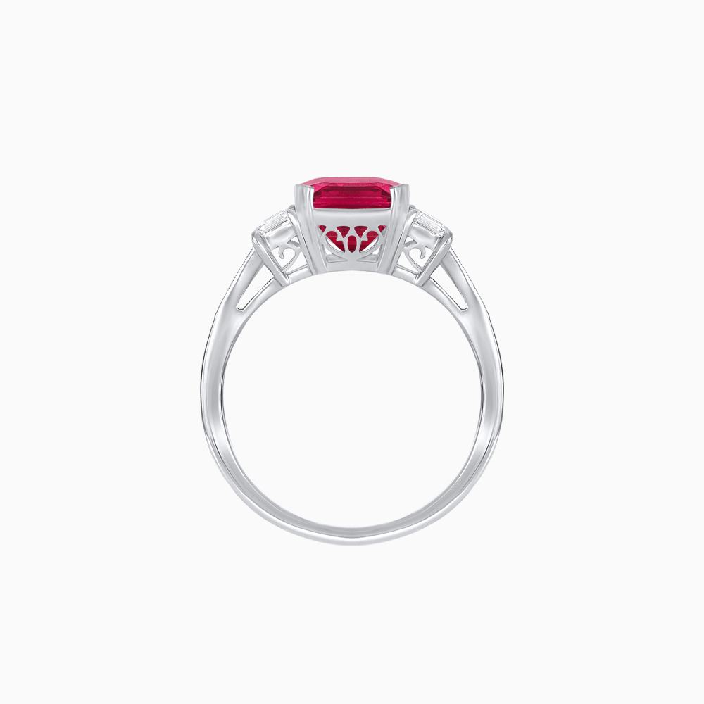 Art Deco Inspired Emerald Cut Three-Stone Ring with Tapered Baguettes - Shahin Jewelry