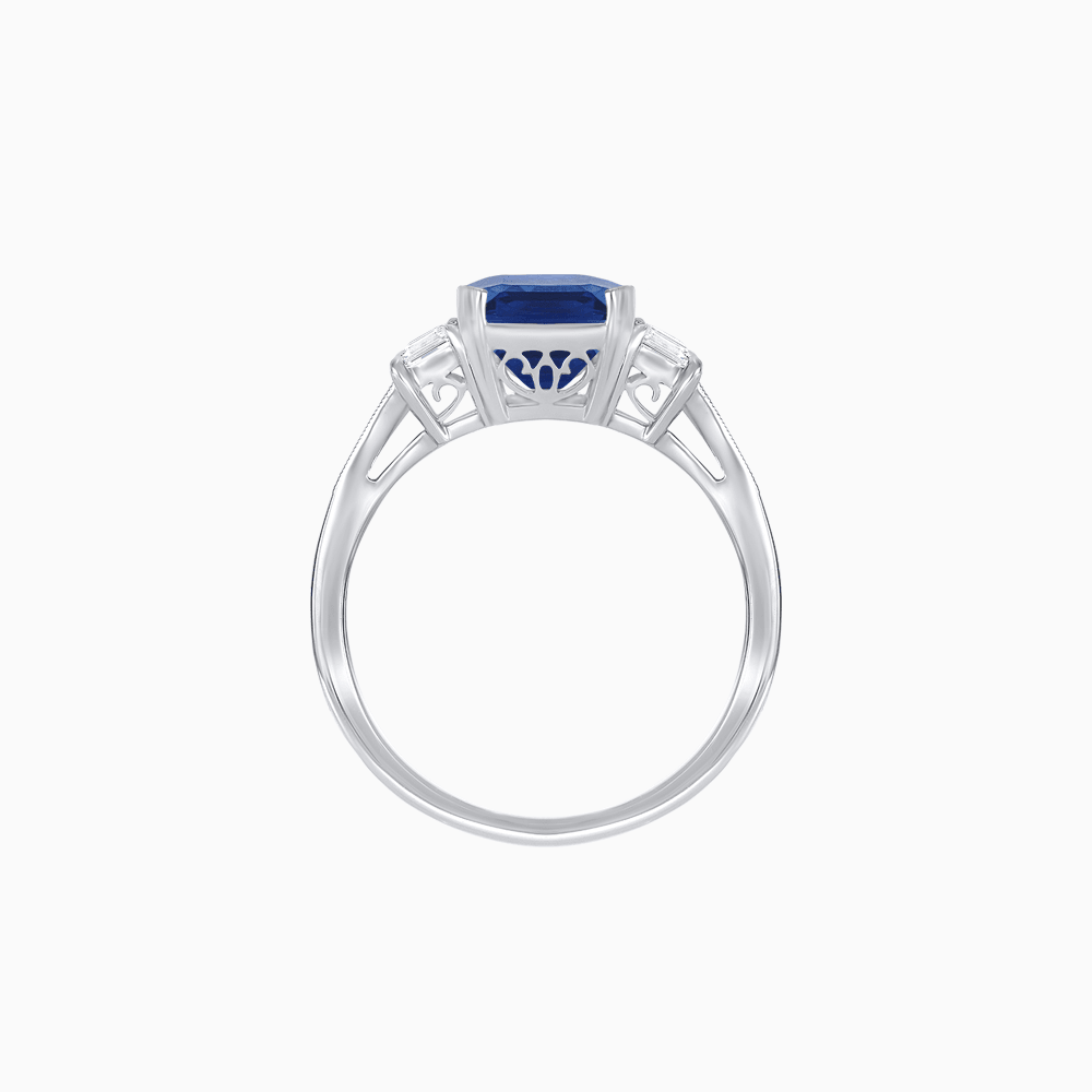 Art Deco Inspired Emerald Cut Three-Stone Ring with Tapered Baguettes - Shahin Jewelry